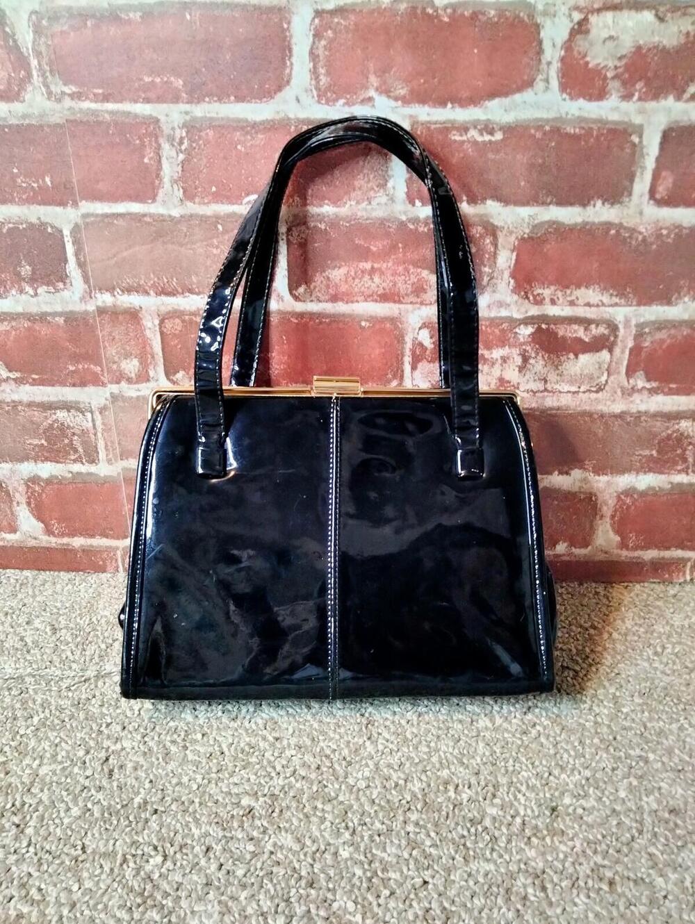 Vintage Mid Century Black Patent Top Handle Frame Satchel Bag